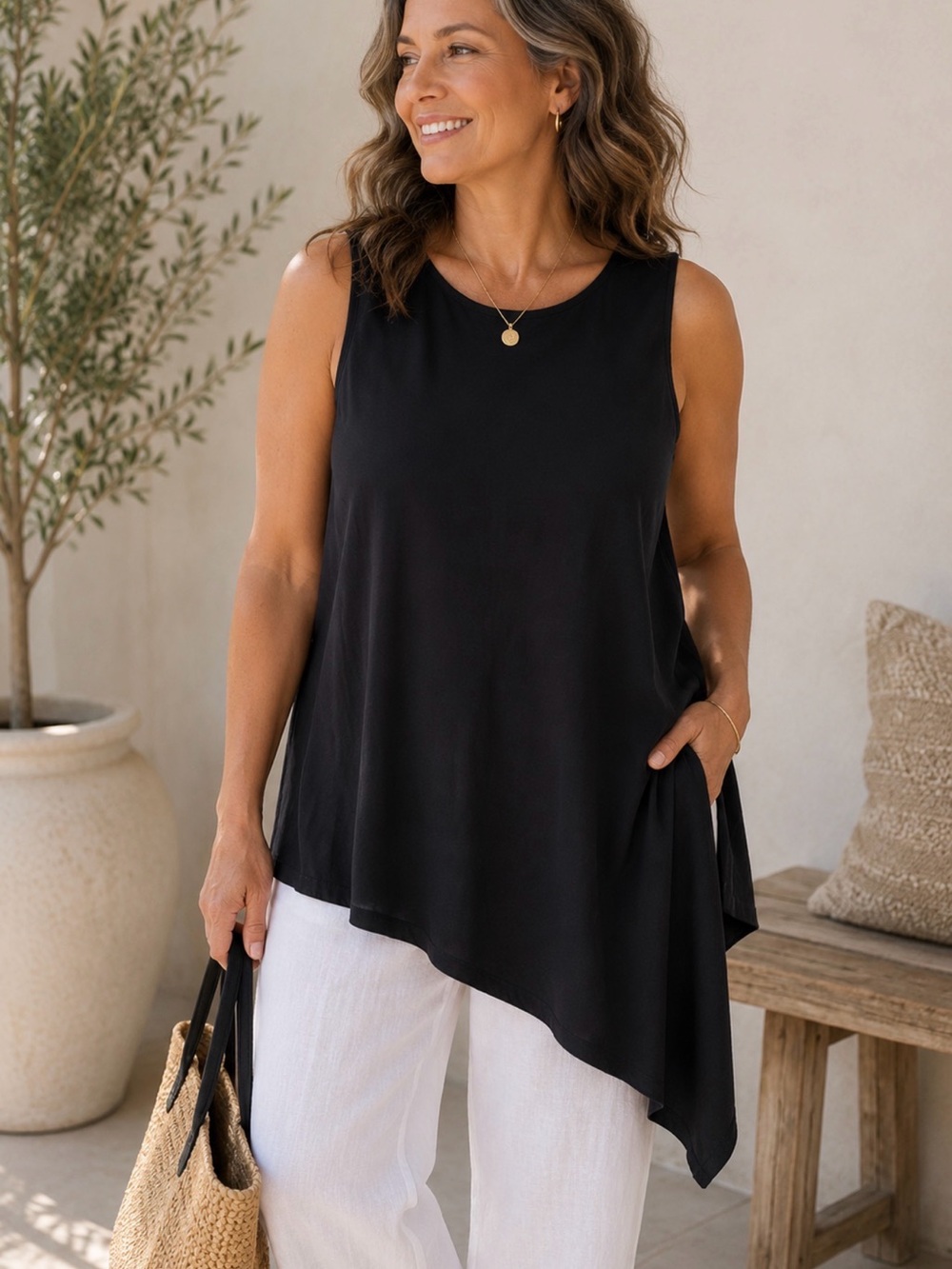 Eileen Fisher Black Asymmetrical Tunic Top Small